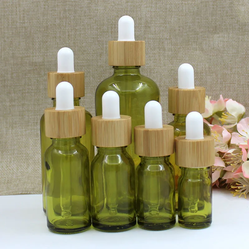 Hot Sale 5 -100ml Olive-green Glass Dropper Bottles For Perfume Essence Essential Oil Bottles Attar Oil Bottle With Bamboo Lid