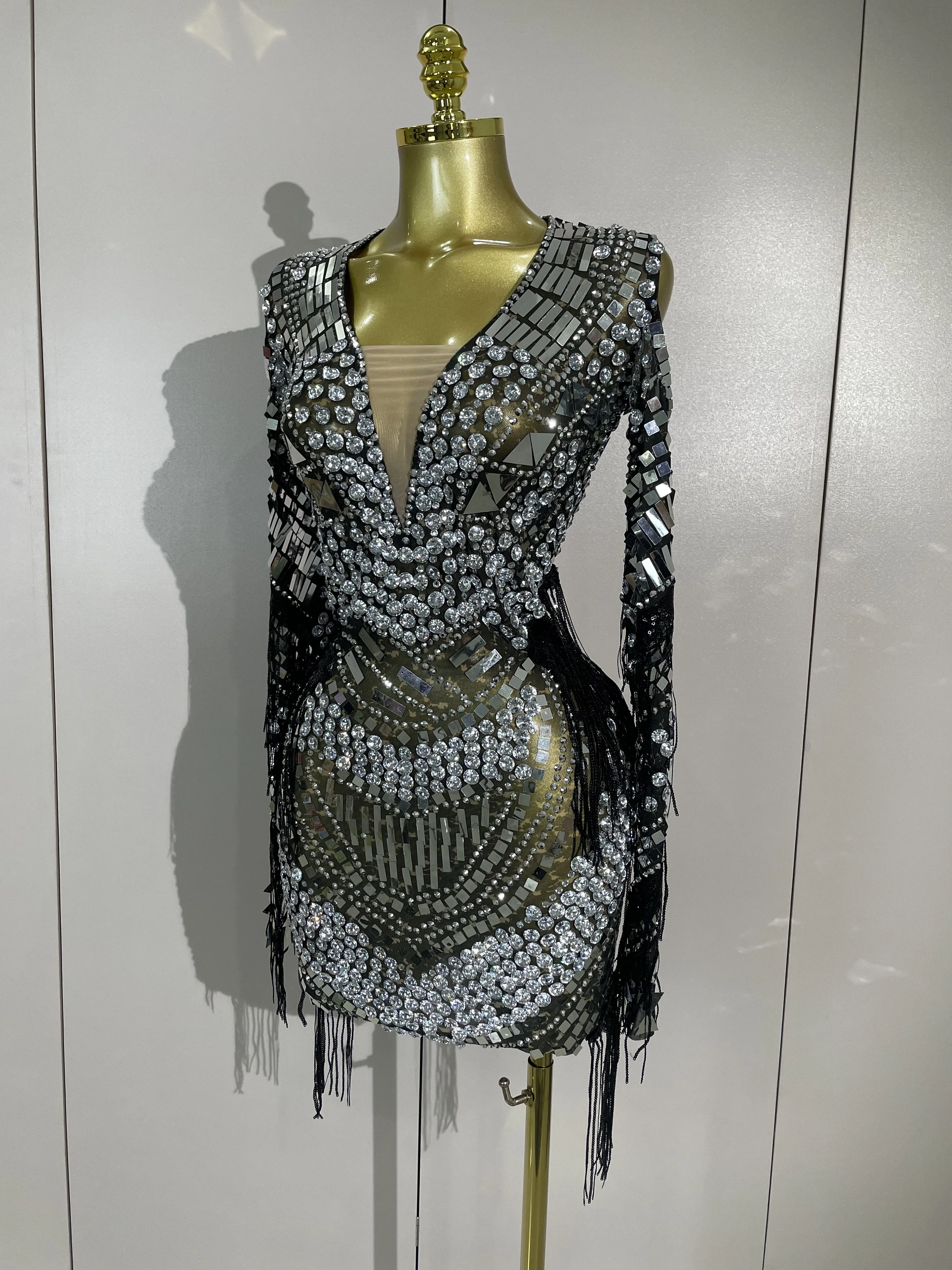 Sparkly Diamonds Sequin Tassels Long Sleeves Sheer Mini Dress Evening Party Luxury Birthday Sexy Mesh Nightclub Photo Shoot Wear