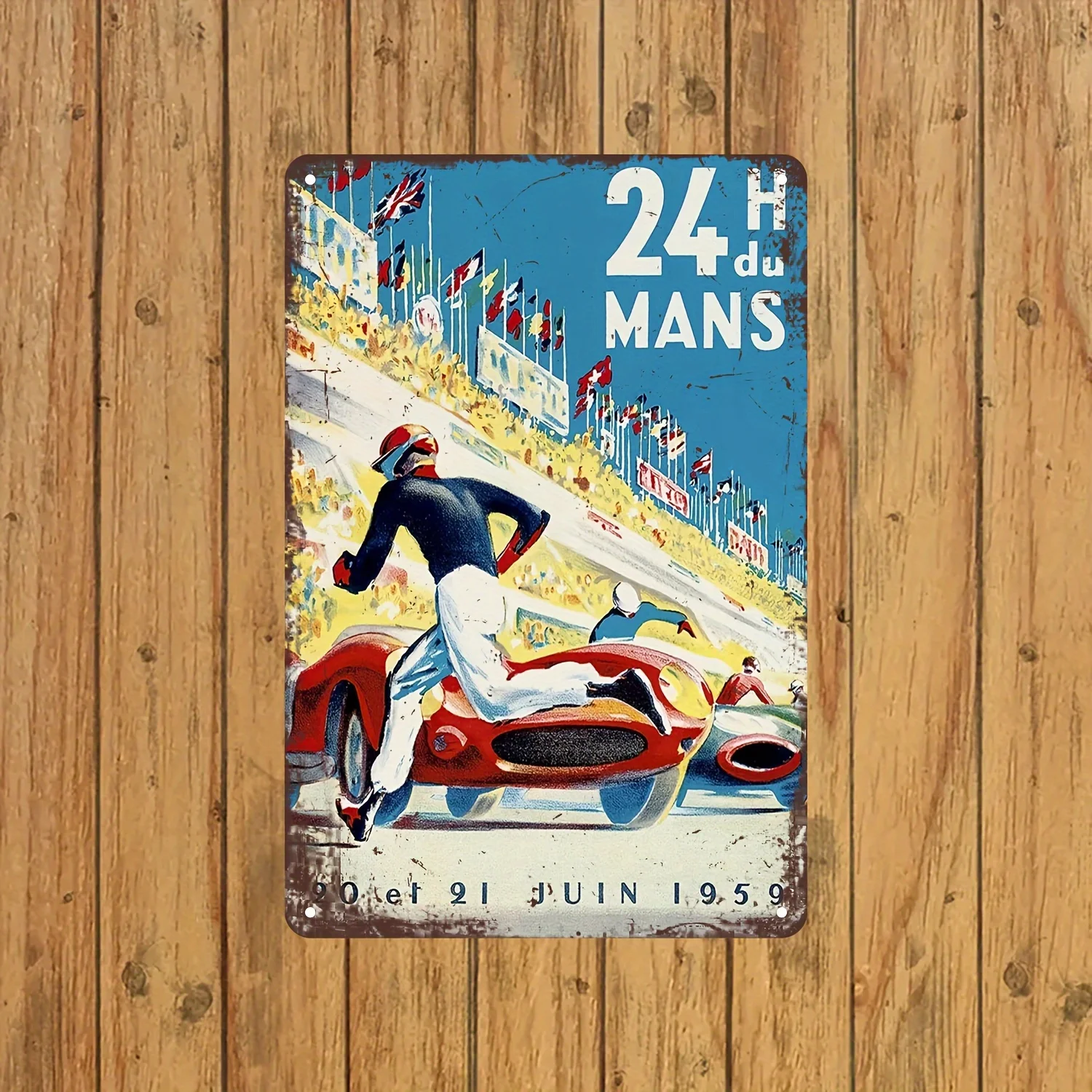 Vintage 1959 Le Mans 24-Hour Metal Signage, Rustic Blue And Yellow Design, es, Iron, with Wall Hanging, for Bedroom, Garage, Gar