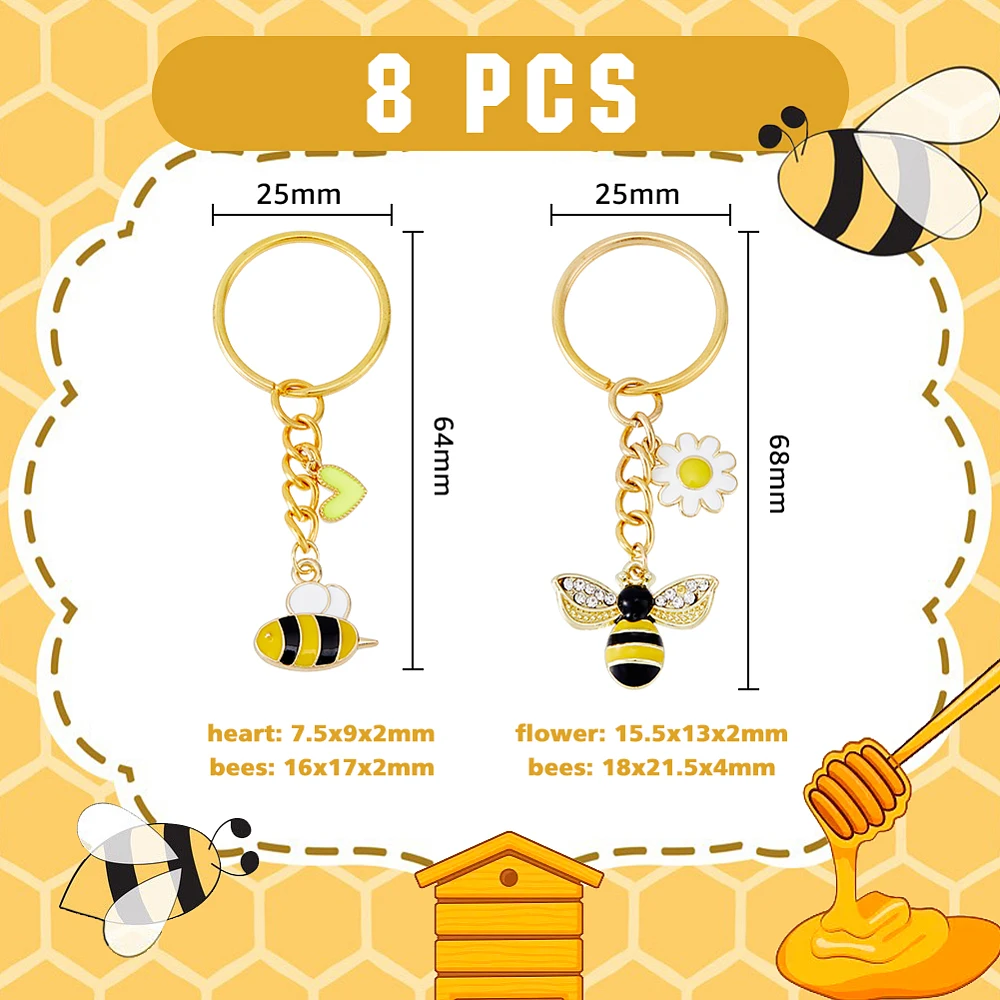 8Pcs Golden Bee Charms Keychain Rhinestone Honey Bee Keychains Cute Animal Keychain Bumble Bee Keychain Alloy Enamel Insect Key