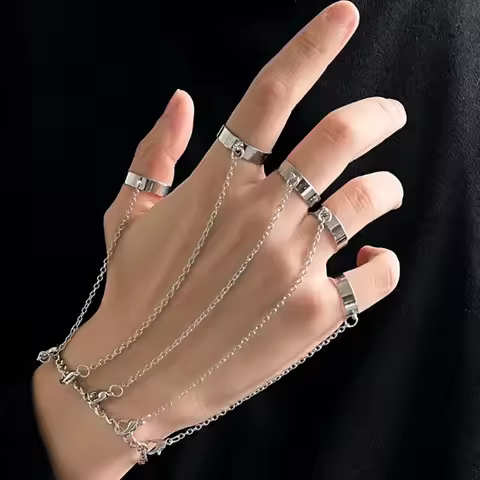 Punk Geometric Silver Color ring with chain For Teens Charm Hip Hop Women Men&lsquo;s Finger Rings Fashion Chain Rings Set Jewelry