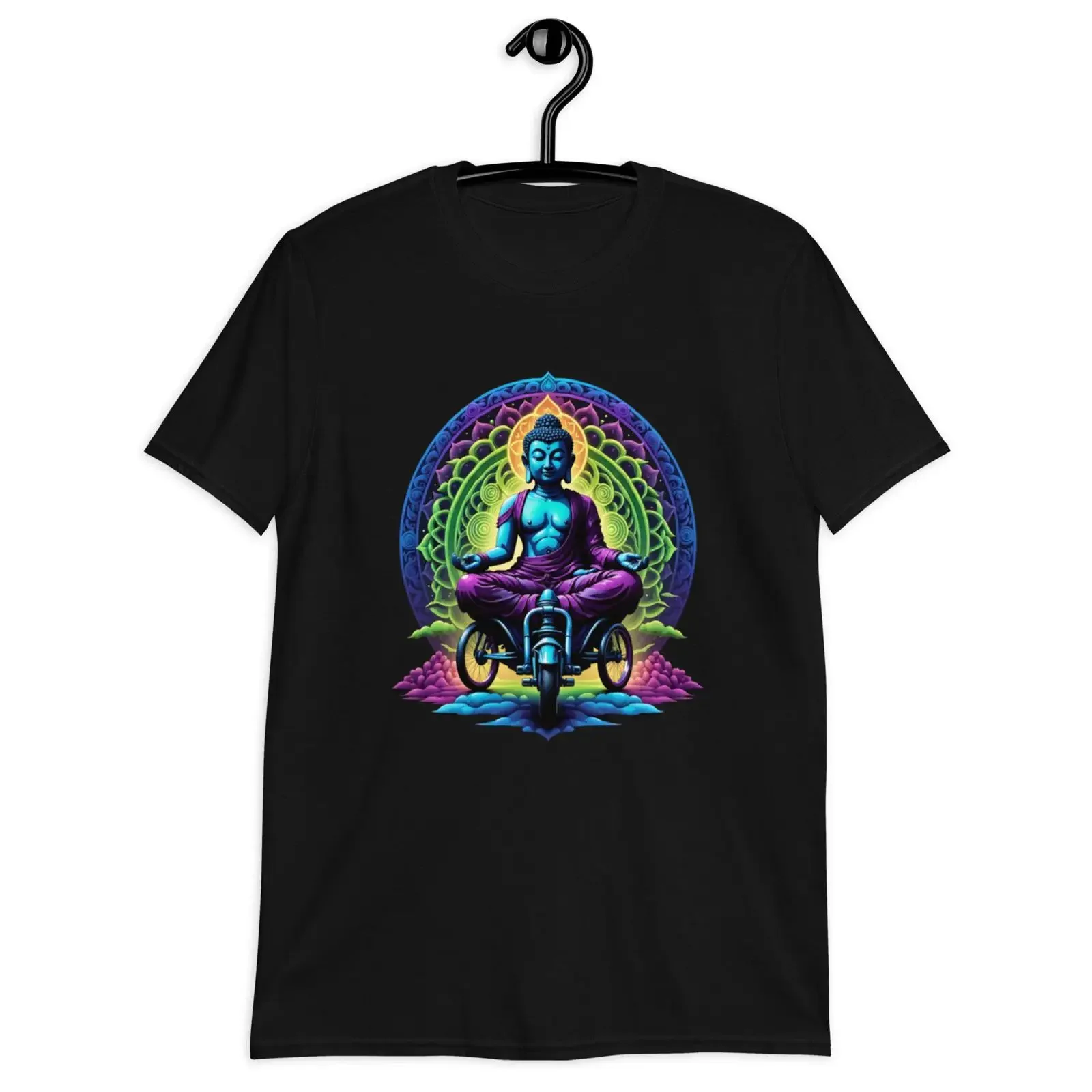 Blue Buddha Riding Trike Mandala Rainbow T Shirt vintage Washed Unisex Breathable Stretched Soft graphic Slightly