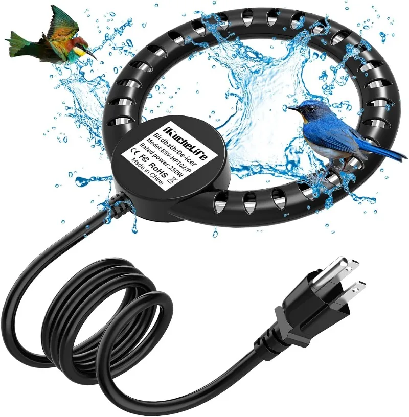 Thermostatically controlled bird bath deicer for outdoor garden lawn winter heating