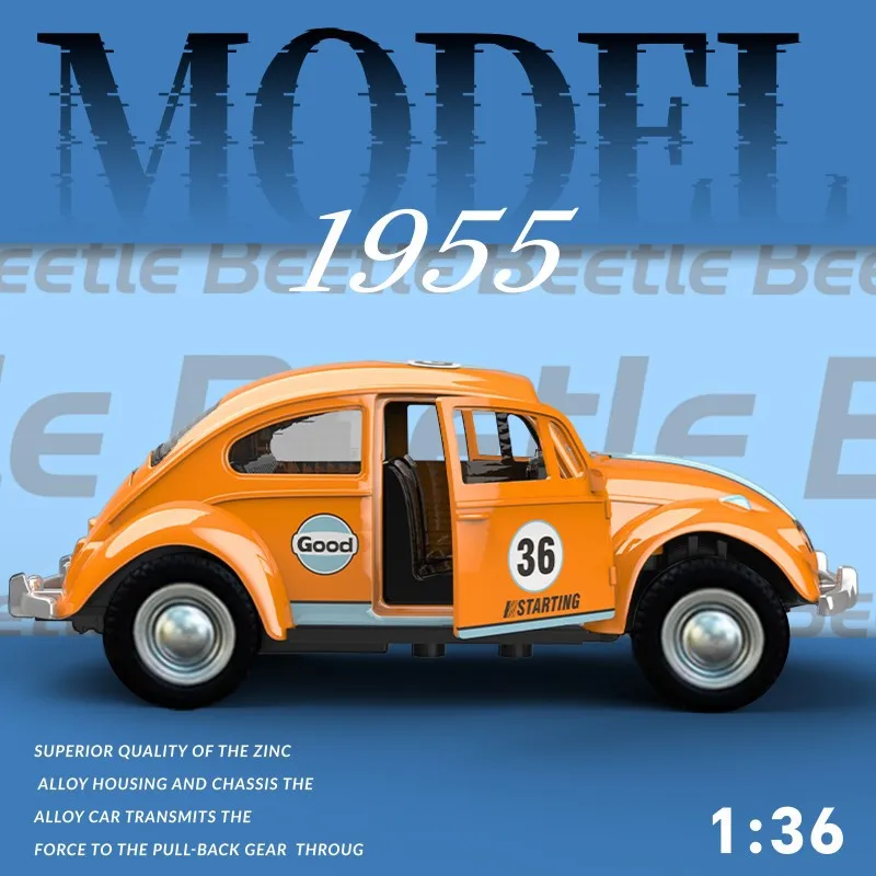 1:36 Klasyczny retro model samochodu Golf Beetle z 1955 roku, ze stopu, z napędem pull-back, zabawka dla chłopców, model samochodu dla dzieci, symulacja