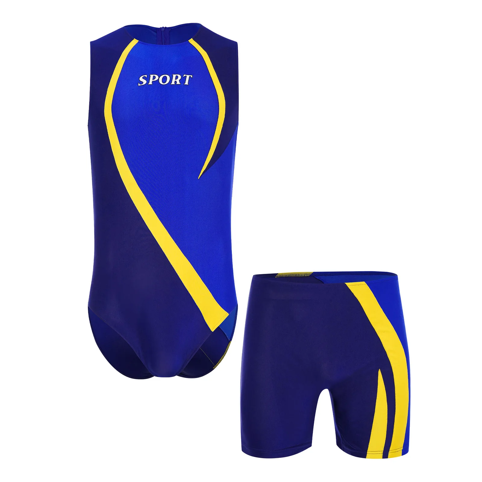 남성 스포츠 의류 세트 라운드 넥 민소매 백 인비저블 지퍼 운동 피트니스 워크아웃 바디수트 및 탄력 있는 허리밴드 반바지