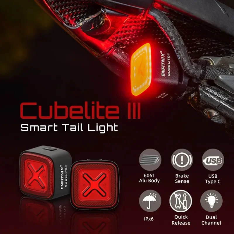 

Enfitnix Cubelite III Smart Tail Light Bicycle Brake Warning Light Ultra Bright Rear Light USB Charge LED Night Warning Light