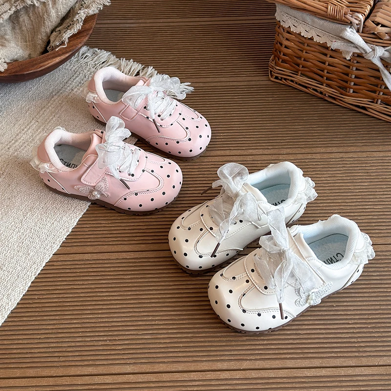 Toddler Girls Polka Dot Sneakers Organza Bow Pearl Flower Magic‑Tape Soft Flat Casual Shoes