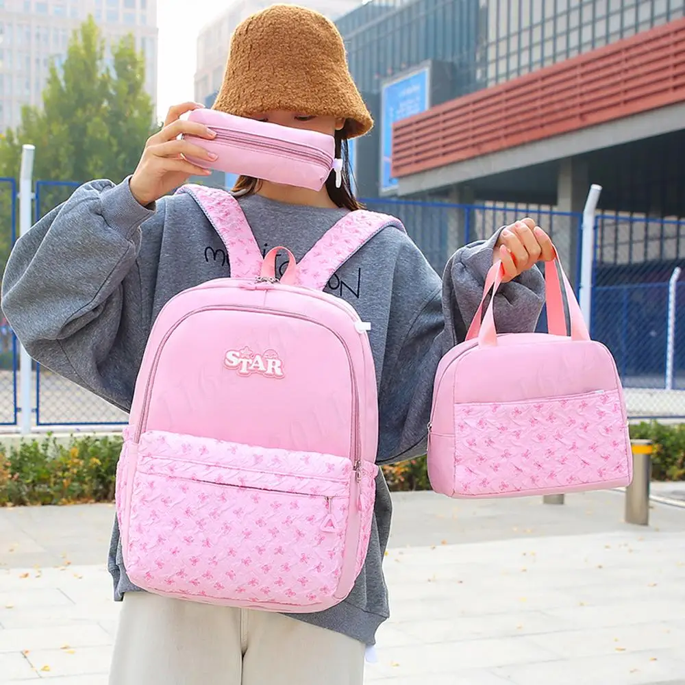 

3Pcs Cute Quilted Backpack with Handbag Pencil Case Simple School Bag Set Pleated Laptop Bags Outdoor Travel Double Shoulder Bag