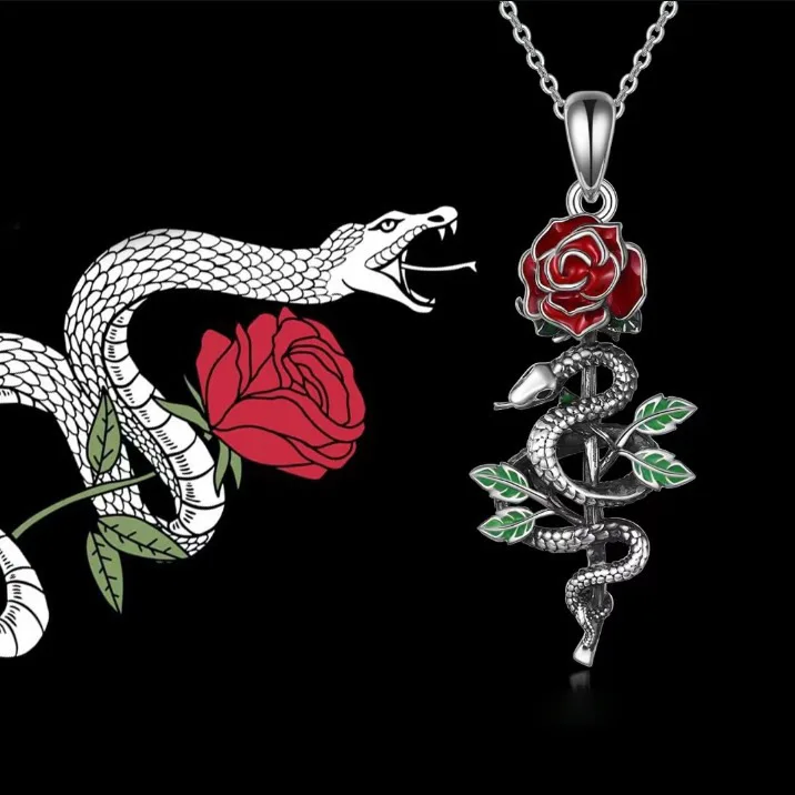 Europe and America Retro Silver Color Red Drop Glue Snakes Entwining with Roses Necklace Halloween UNISEX Punk Party Necklace