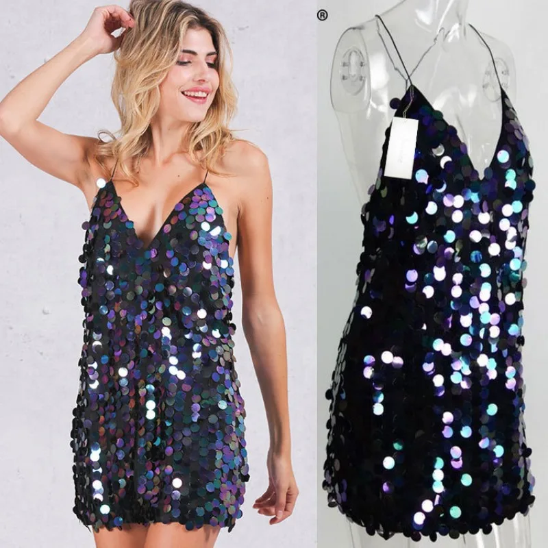 2024 New Sexy Ladies Sequins Short Dress Fashion Women Deep V backless Halter Skirt Dress Nightclub Female Bodycon Dress