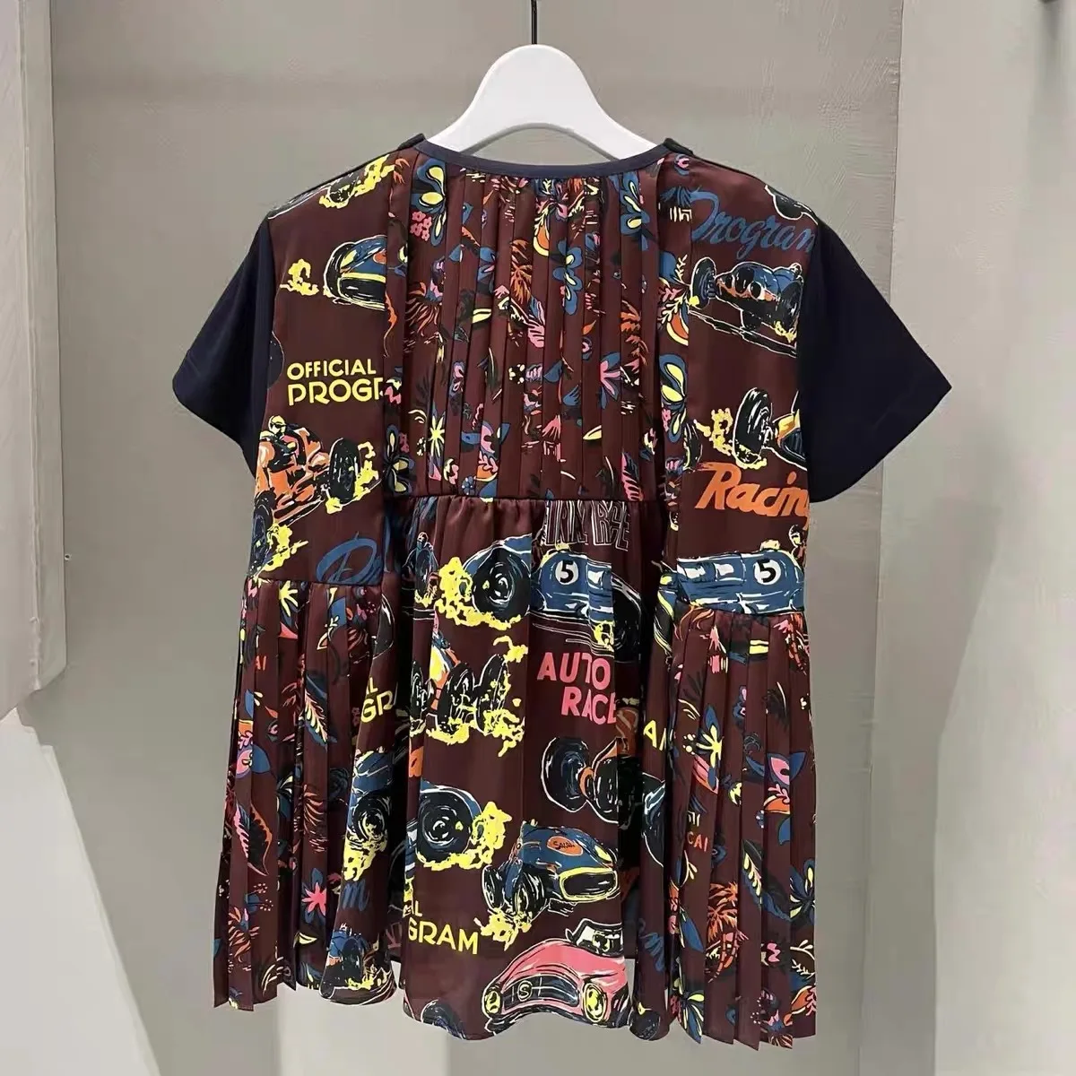 25 Spring new spliced half-sleeve top back graffiti print loose short sleeve pleated T-shirt y2k clothes