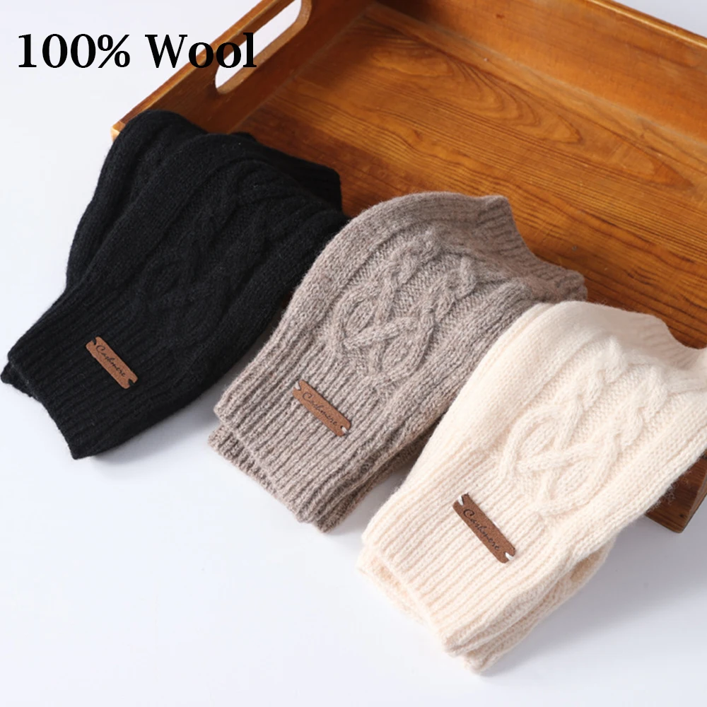 100% Wool Knitted Fingerless Gloves 20CM Semi Finger Mittens Solid Color Black Winter Autumn Thermal Soft Mittens Wrist Guard