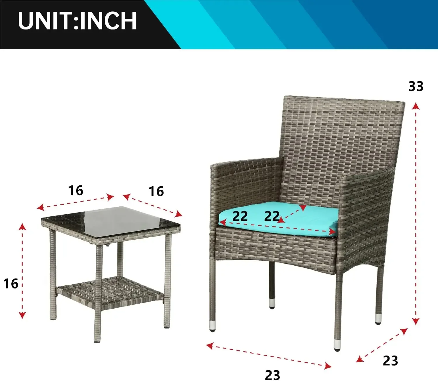 Bistro Conversation Set 2 Rattan Chairs with Blue Cushions and Glass Coffee Table for Porch Lawn Garden Balcony Backyard