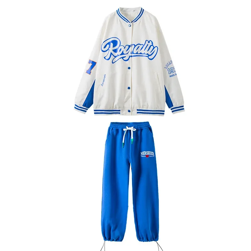 Hip Hop Clothing White Blue 2 Tones Baseball Shirt Casual Street Jogger Pants for Girl Boy Jazz Dance Costume Clothes Kid