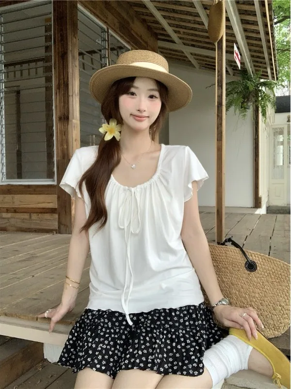 

plus Size Women's Lazy Style Short Sleeve Top Summer New Belted Loose Slimming Meat Covering Salt System T-shirt Korean Style