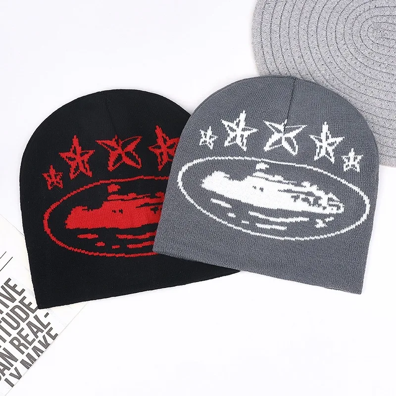 Autumn Winter New Trend American Five-Pointed Star Jacquard Knitted Hat for Men Women Warm Hip Hop Street Style Cold Hat Beanie