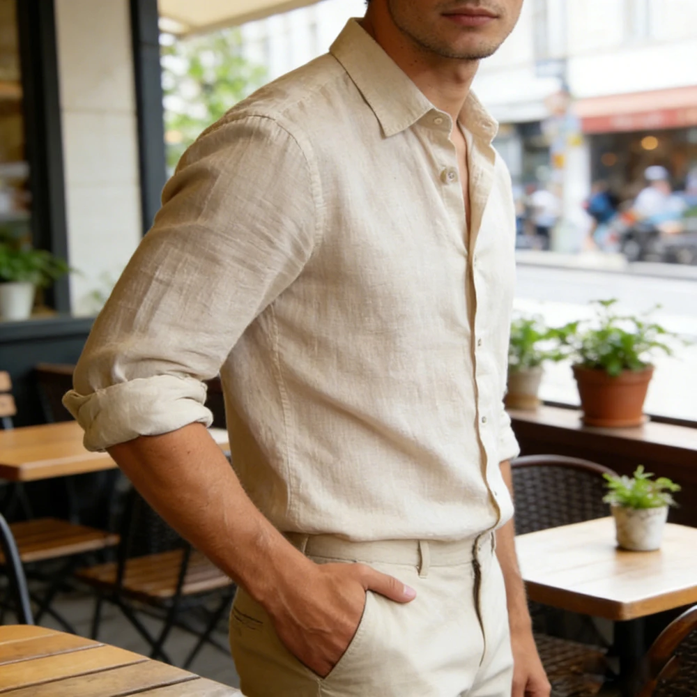 Chemise noire décontractée pour hommes, couleur unie, tissu en lin à manches longues, chemise formelle d'affaires, tissu confortable pour hommes