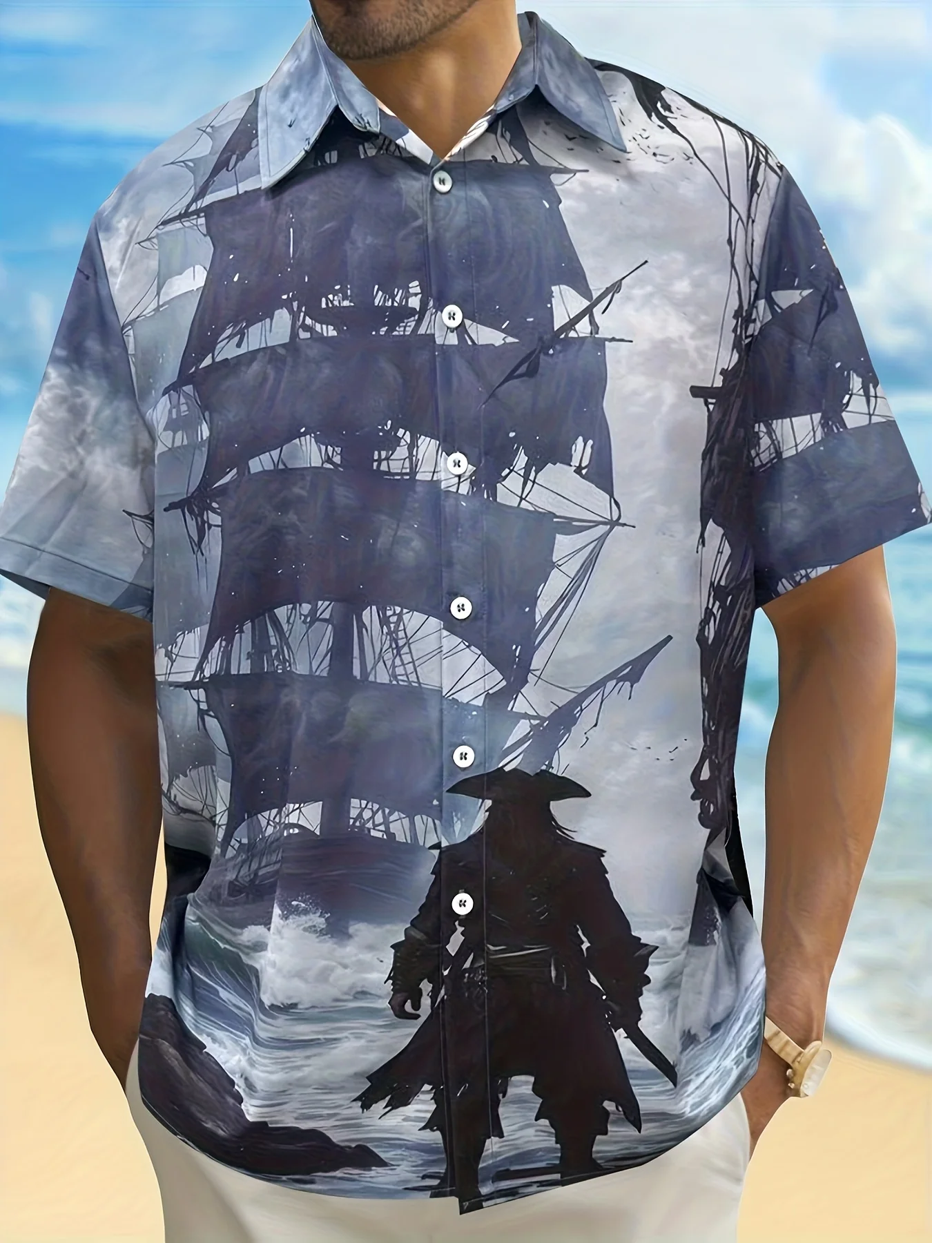Men Short Sleeve Button Down Shirt Pirate Sailship Ocean Wave Print Polyester Casual Holiday Beach Blouse