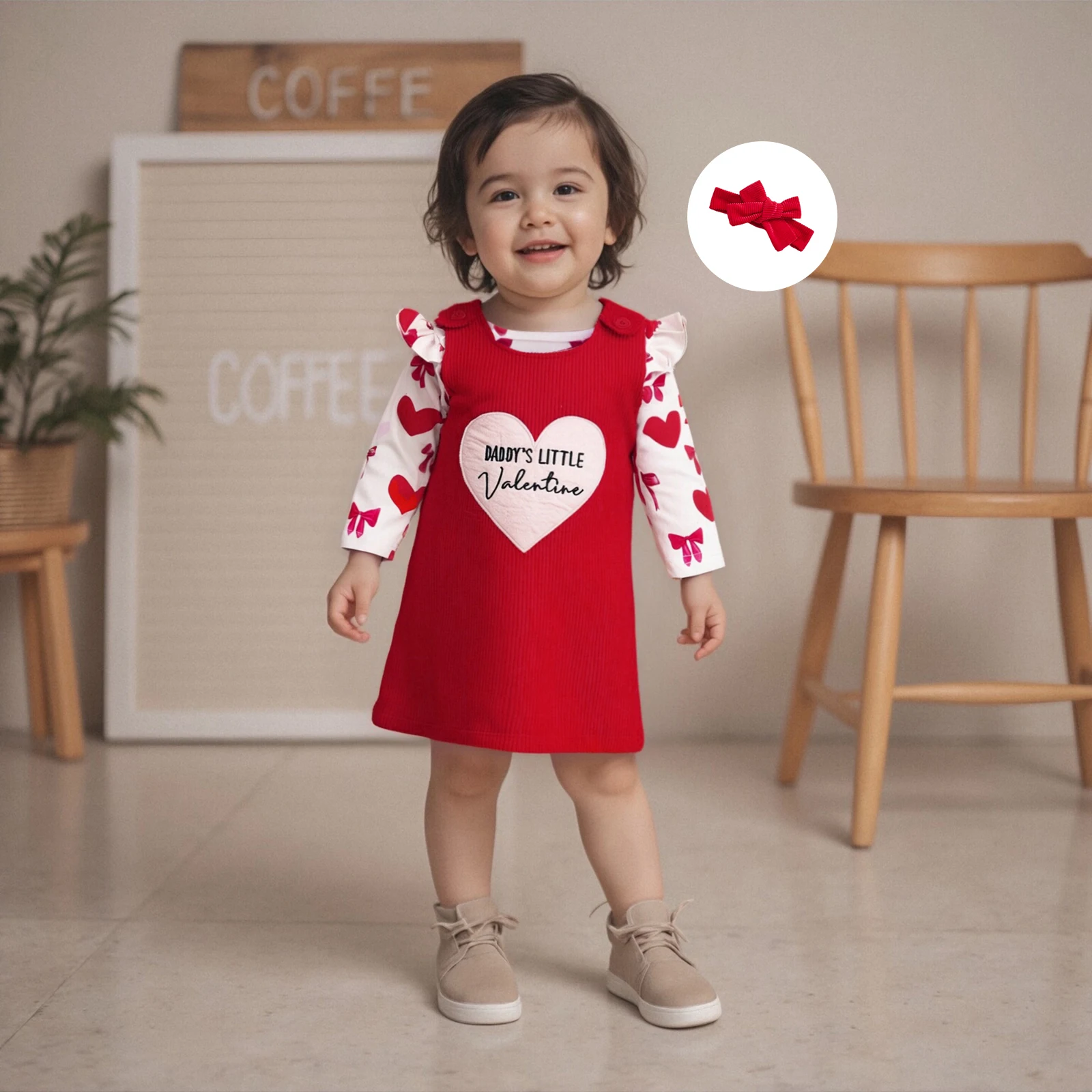 Baby Girls Fall Outfit Long Sleeve Heart Print Romper Embroidery Overall Dress Headband for Valentines Day