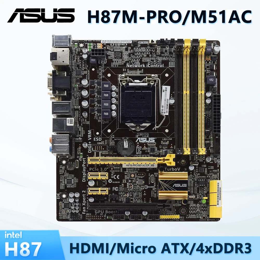 

Б/у Материнская плата ASUS H87M-PRO/M51AC LGA 1150 Socket для процессоров Intel 4th Core i3 i5 i7 4x DIMM Max. 32GB DDR3 Micro ATX