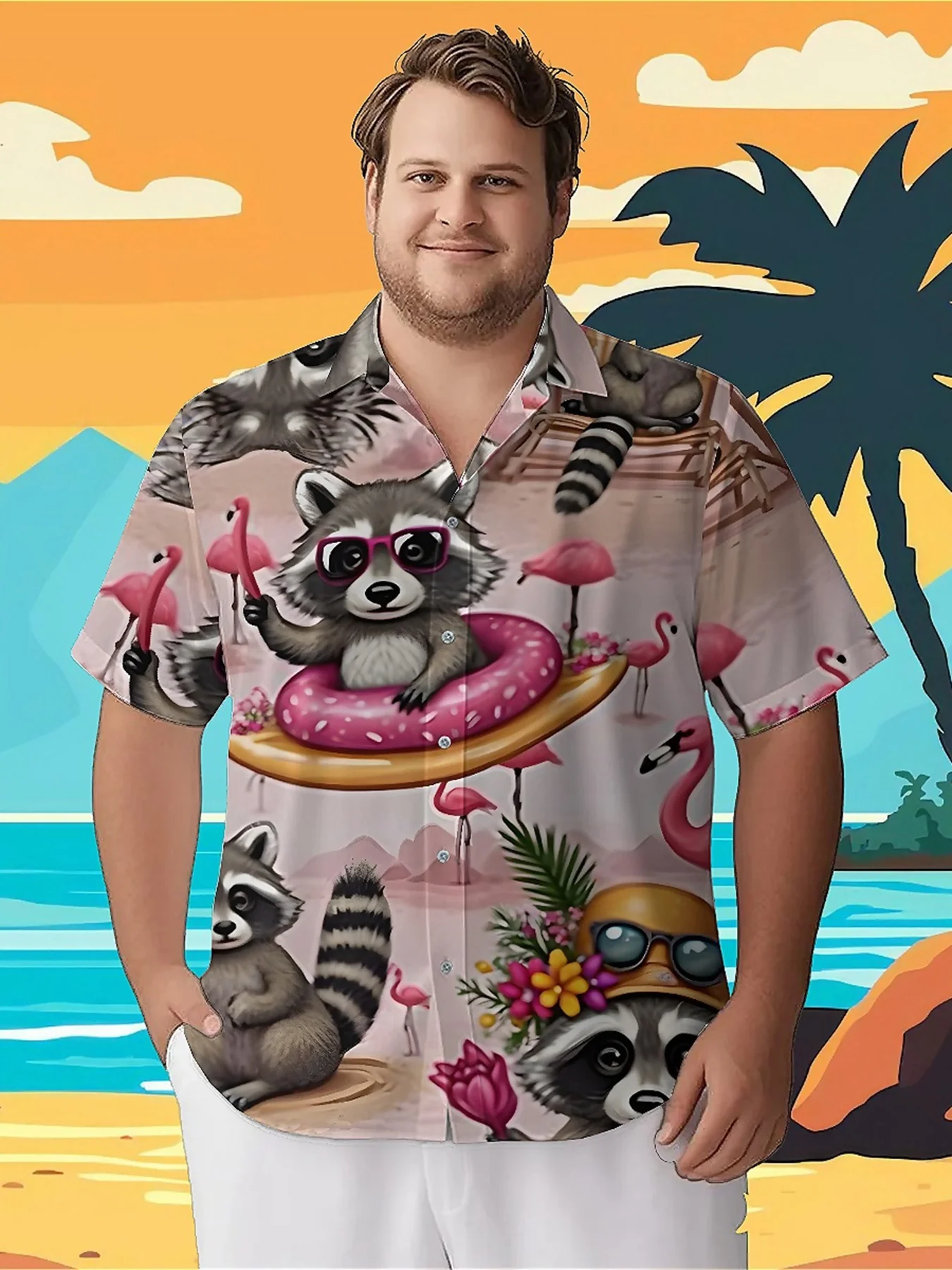 

Men's Plus Size Hawaiian ShirtsCute Raccoons on Tropical Beachespattern, Button Up Shirts, Unisex Casual Clothing, Summer Tops