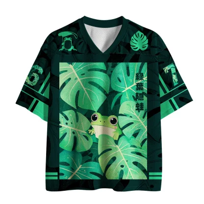 V Neck Mesh Short Sleeve Jersey, Cute Frog Monstera Leaves Japanese Text Print Loose Tee, Sport Top
