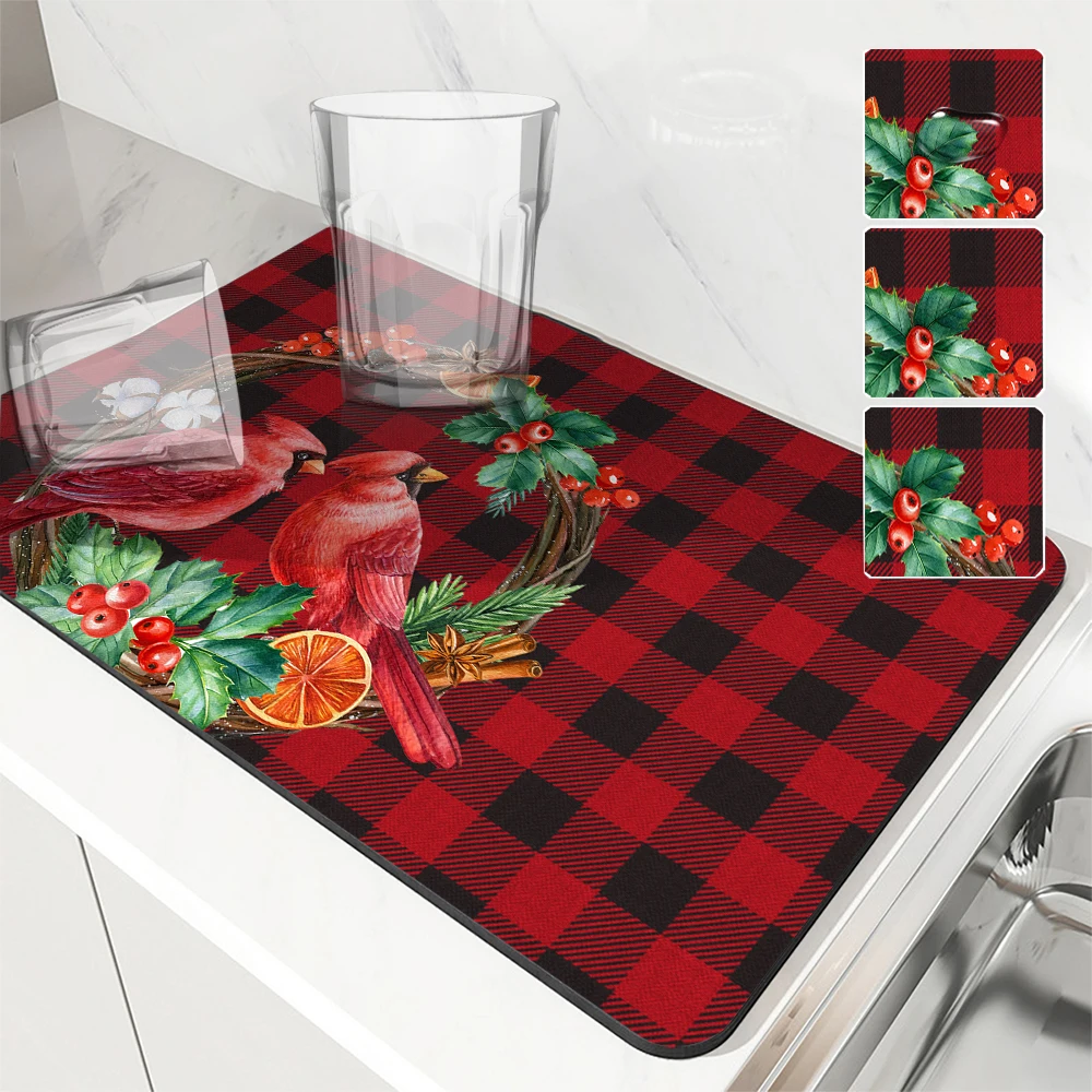 

Absorbent Mat Christmas Birds and Flowers Kitchen Antiskid Drying Mat Quick Dry Bathroom Drain Pad Tableware Mat