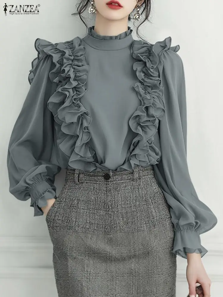 Zanzea elegante blusa com babados feminina manga longa elegante ol camisas de escritório 2025 moda gola casual sólido streetwear topos