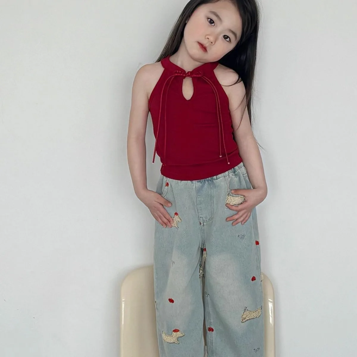

camisole vintage 2 to 10 years summer baby girls vest sling children Chinese style tie front lace up kids clothes tank top
