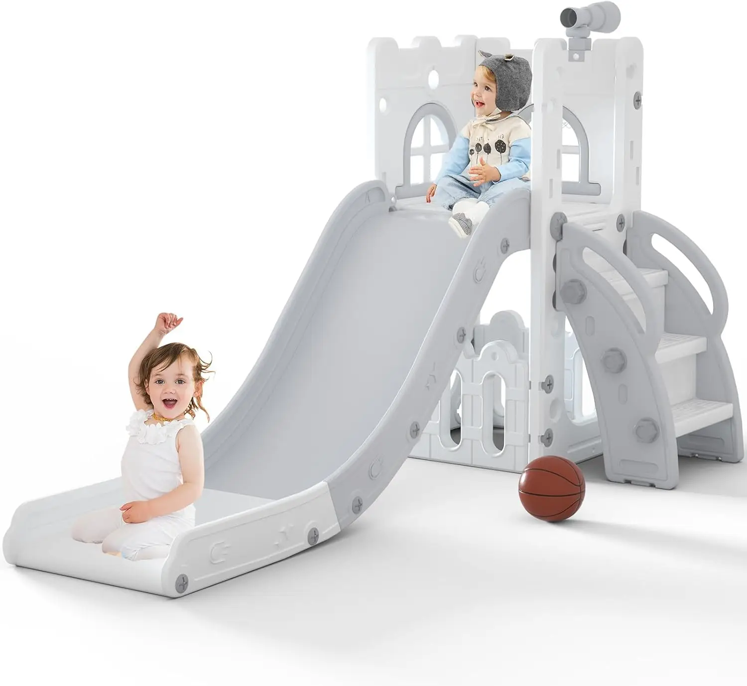 

6-in-1 Toddler Slide with Basketball Hoop, Storage & Telescope, Indoor Outdoor Playset for Kids