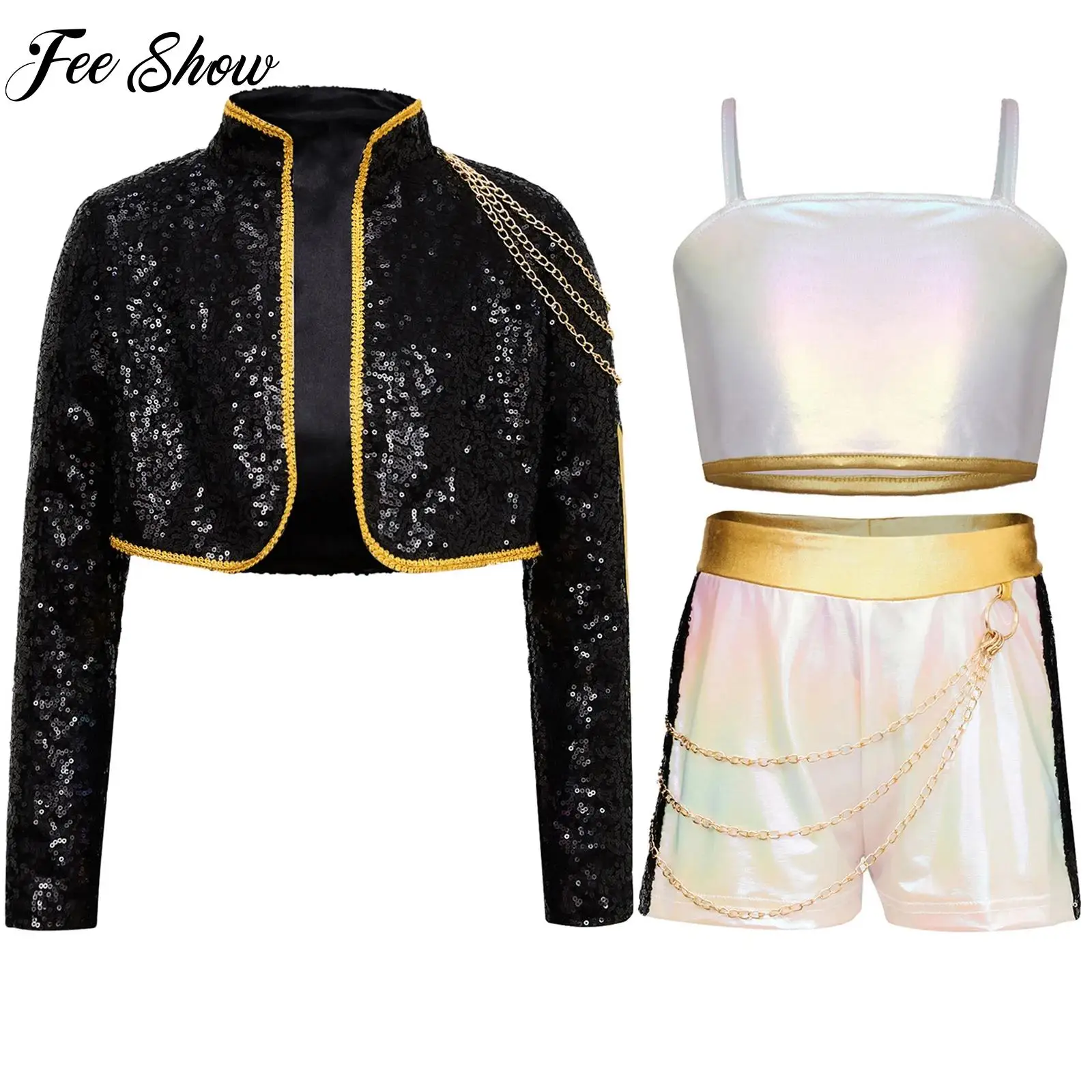 

Teen Girls 3Pcs Demon Cosplay Singer Outfit Iridescent Gloss Crop Top Long Sleeve Trim Sequins Outer Wear And Waist Chain Shorts