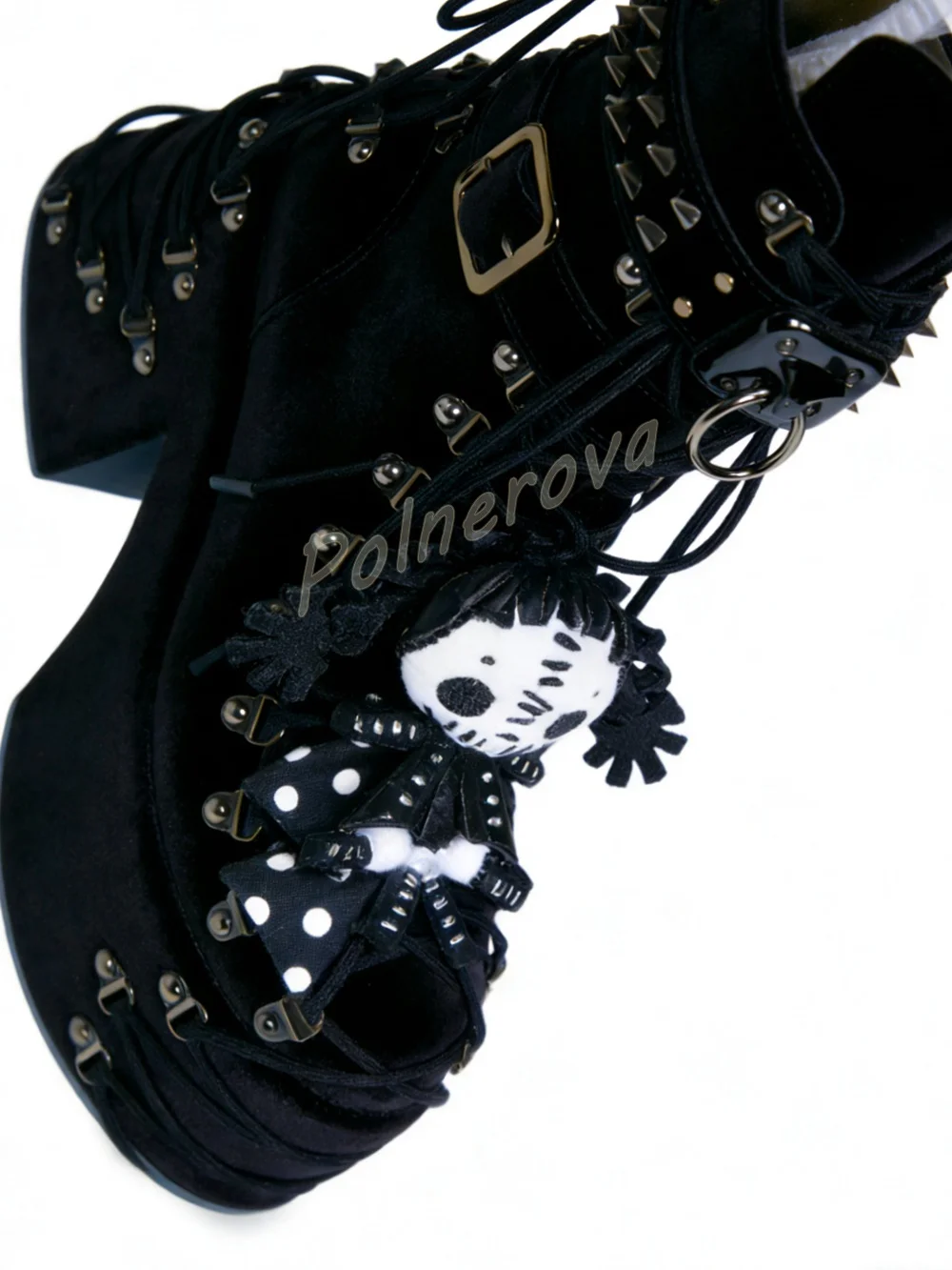 Velvet Doll Bow Spike Rivet Ankle Boots Gothic Platform Women Buckle Lace Up Chunky High Heel Shoes Black Punk Party Goth Shoes