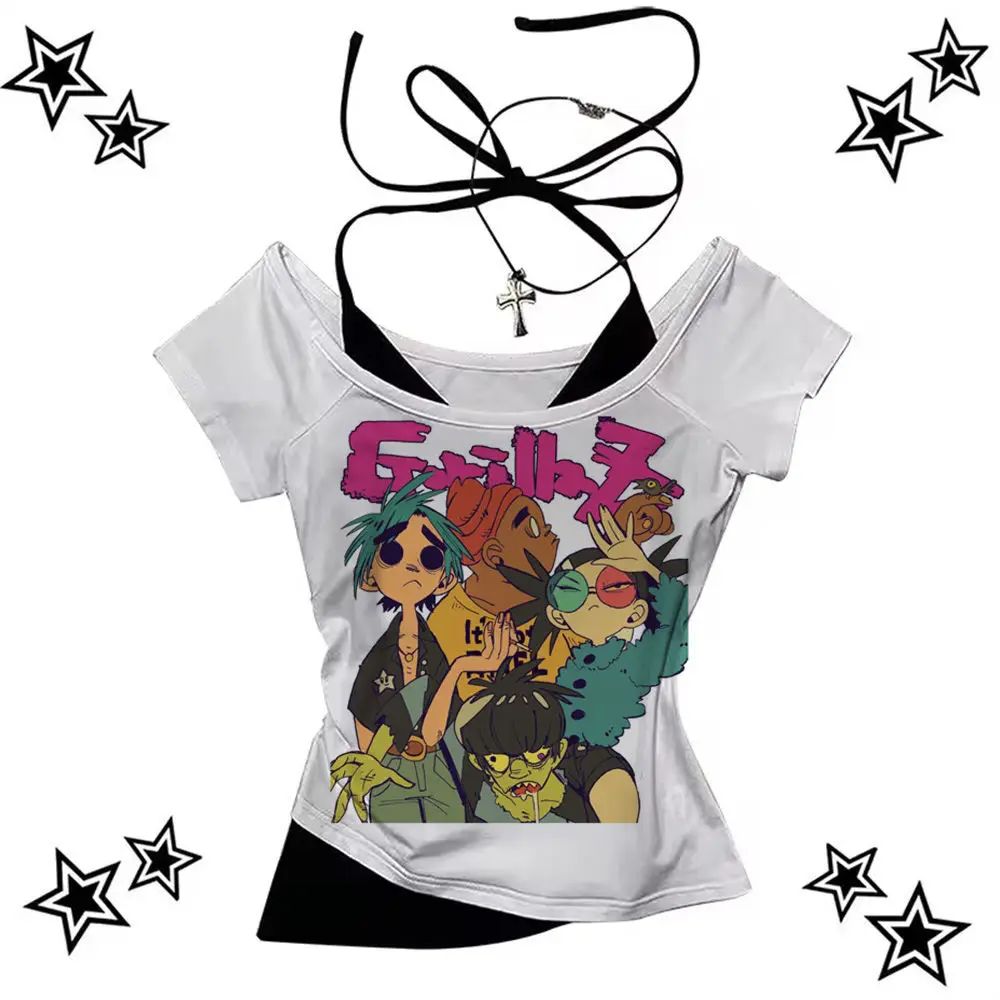 Gorillaz tshirt female Comfortable hip hop 2000s University t shirt Trendy 2000s anime Psychedelic aesthetic