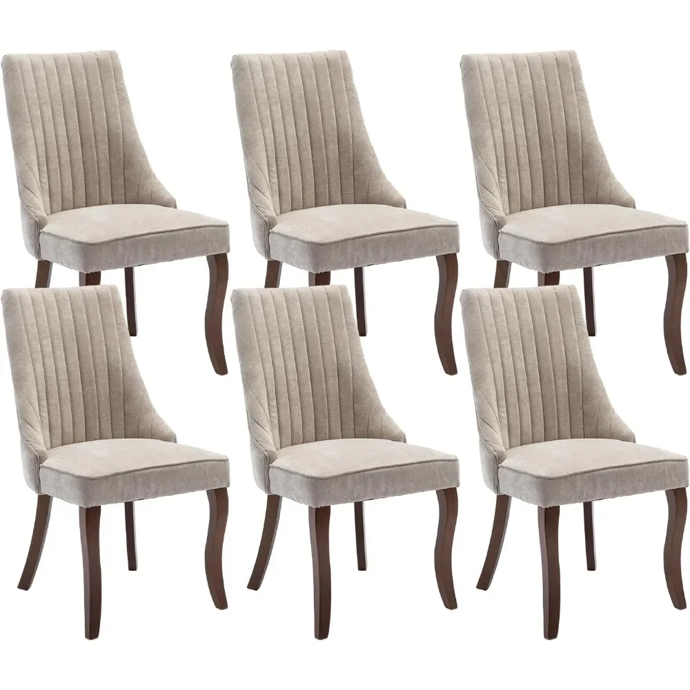 Dining Chairs Set of 6, Linen Channel Tufted Kitchen Dining Room Chair with Curved Wood Legs, Fabric Upholstered Dining Chair