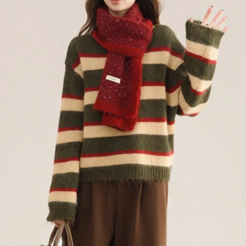 

Long Sleeve Striped Pullover Sweater Women Knitted Shirts Autumn Winter Fashion Female O-neck Knitwear Casual Sweaters Knit Tops