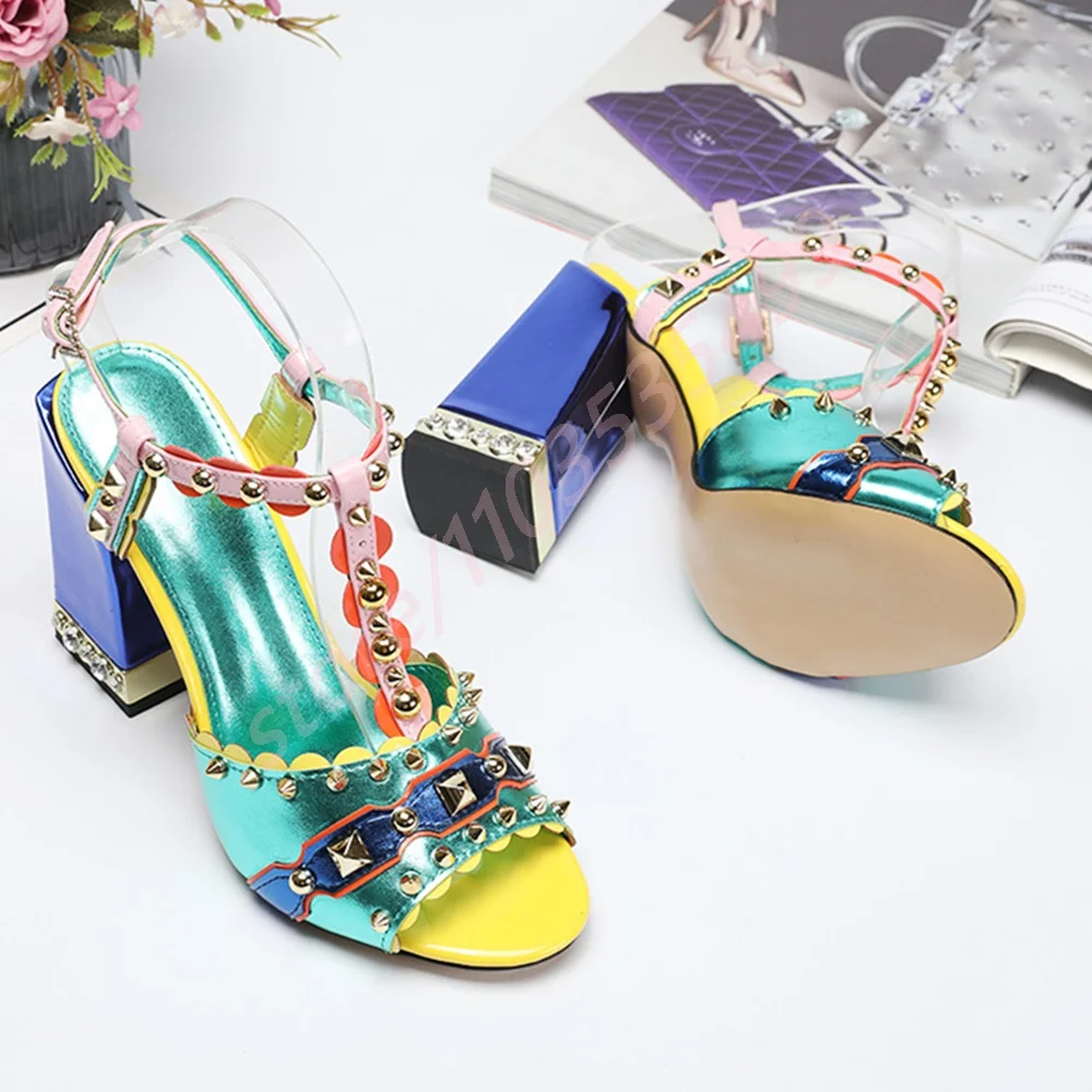 

Sexy Rivet Mixed Color Thick Heel Sandals 2025 Summer Banquet Luxury Buckle Ladies High Heels Fashion Model Catwalk Wedding Shoe