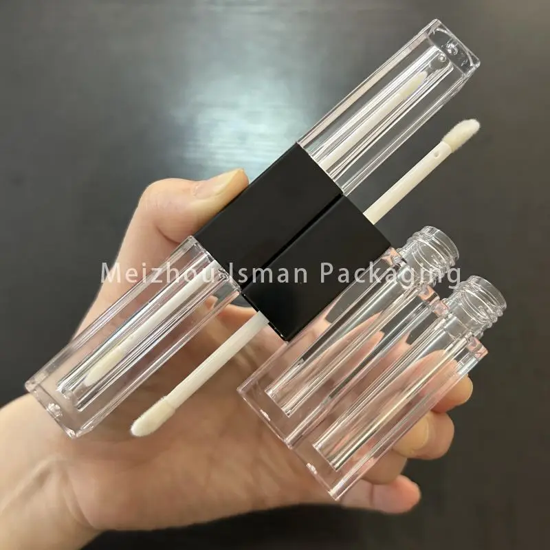 

50Pcs Empty luxury 6ml double side empty square lip gloss tubes 2 in 1 clear black lipstick lipgloss packaging 3ml*2
