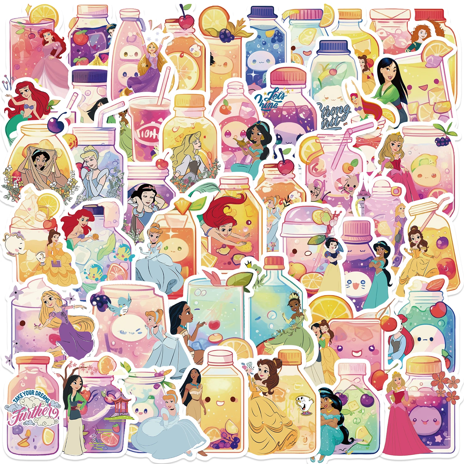 50 Uds. De pegatinas de princesas de Disney, Bella Ariel, pegatina Blancanieves, calcomanías de vinilo impermeables, bricolaje, portátil, teléfono, bicicleta, monopatín