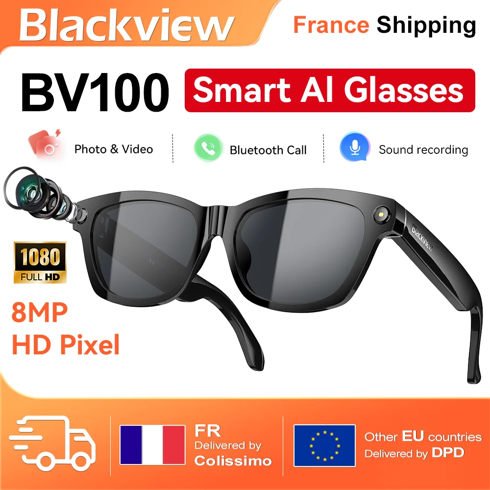 Gafas Inteligentes Blackview BV100 con IA para Fotografía, Cámara de 800W Píxeles 2K HD, Llamadas Bluetooth, Asistente de Voz, para Android e iOS