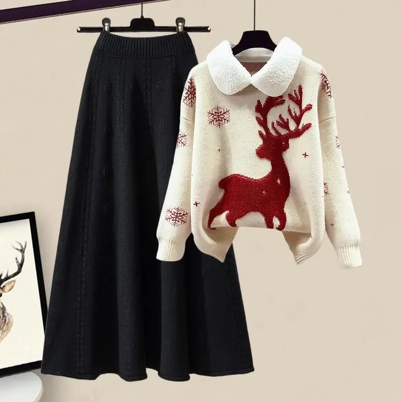 Autumn Winter Cartoon Reindeer Embroidery Lapel Knit Sweater Pullover Slim Fit Knit Skirt Two-piece Set Women\'s Skirt Set