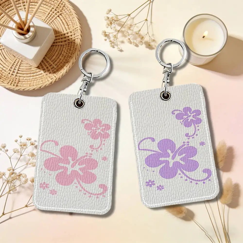 White And Pink Fusang Flower Spring Summer Sign Rectangle Keychain Card Holder, Badge Credit Card Holder, Student ID Card Holder