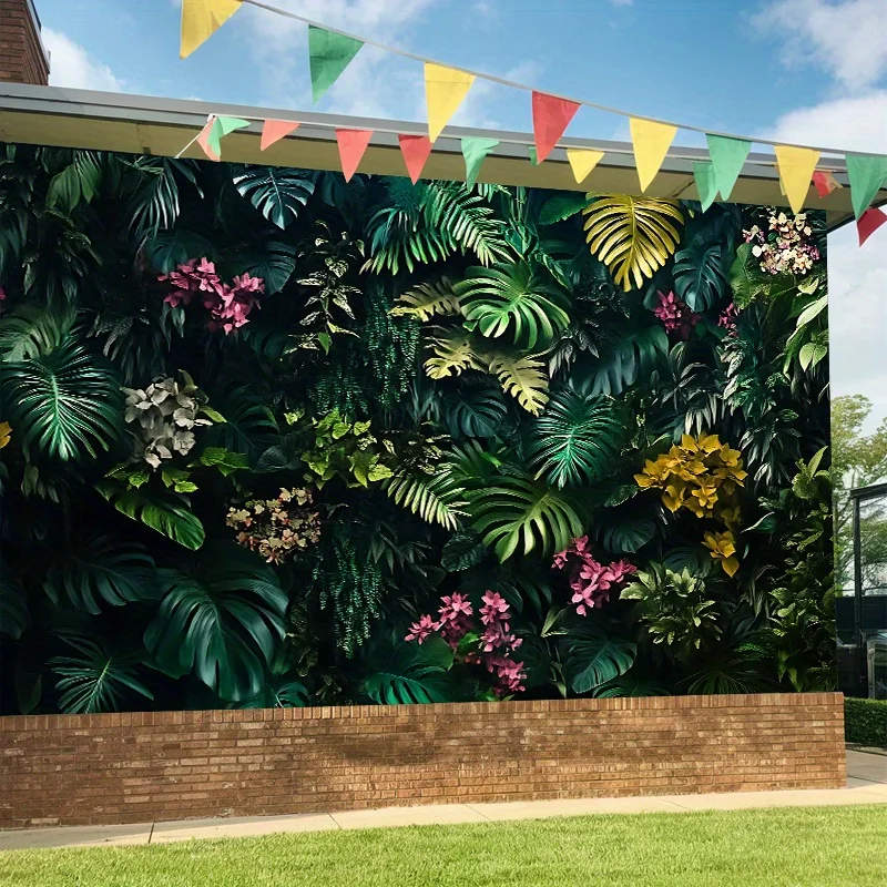 1 vivid tropical plant wall background - lush green leaves and colorful flower banners