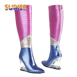 Winter Strange Wedge Heel Knee High Boots Women Rosy Blue Crocodile Ins Party Club Lady Warm Plush Pointed Toe Zipper Long Boots