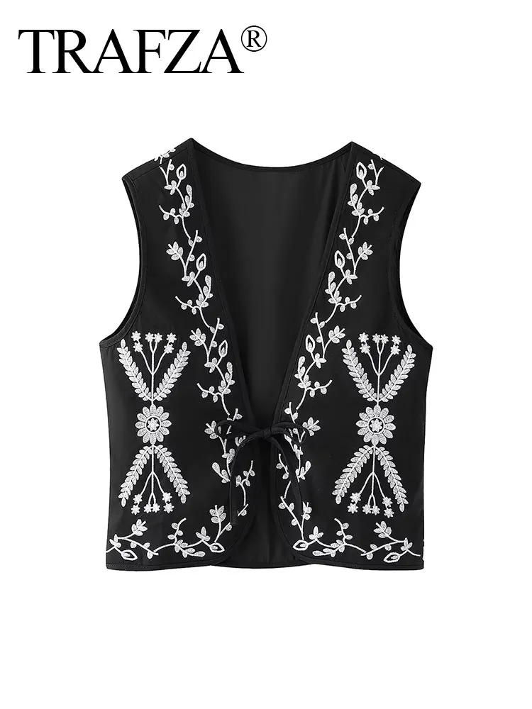 

TRAFZA Fashion Contrast Color Positioning Embroidery Elegant Women's Loose Padded Vest Women's Winter Street Vest Short Top