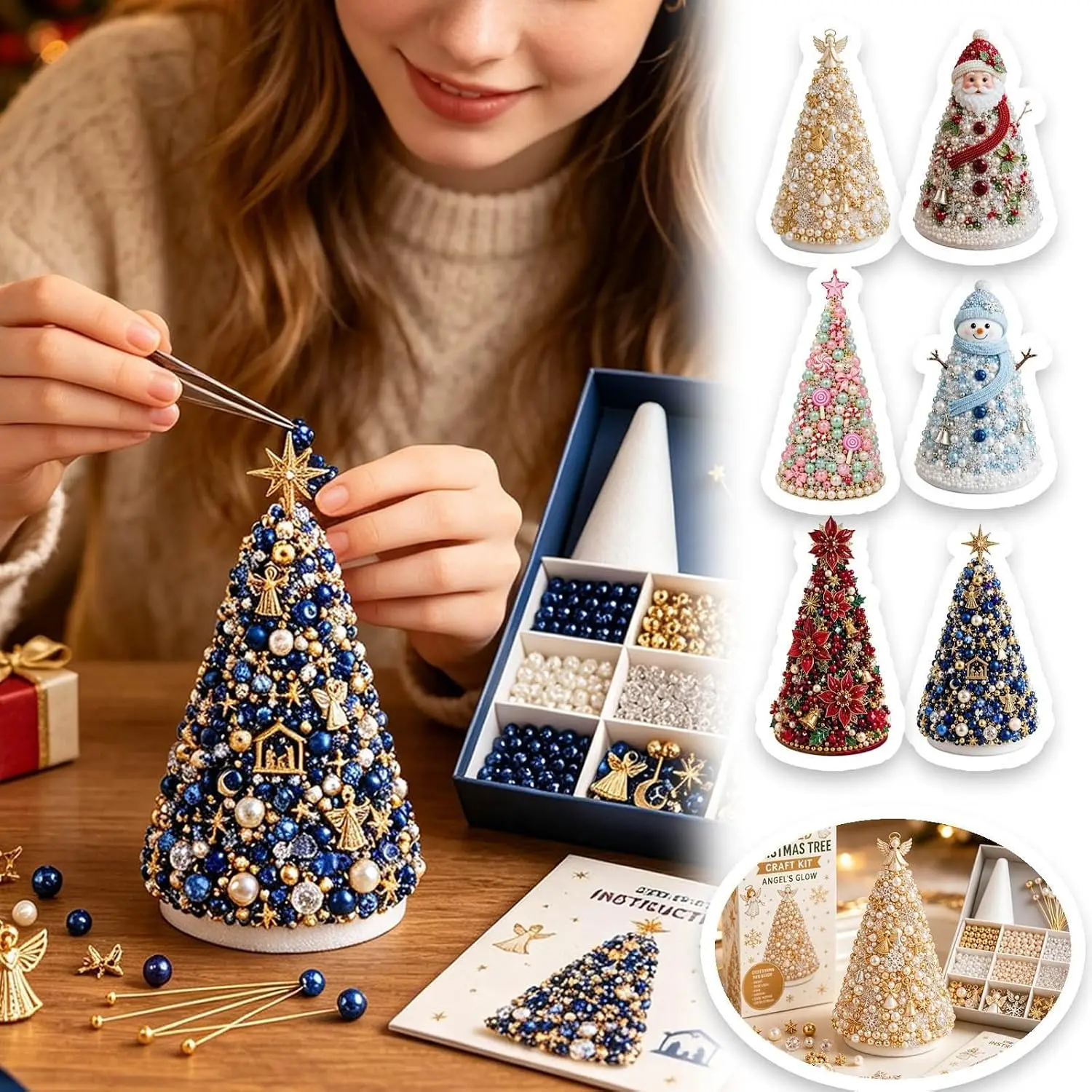 DIY Beaded Christmas Tree Craft Kit Crystal Bead Mini Tree with Angel Topper, Handmade Holiday Tabletop Christma Decor Gifts