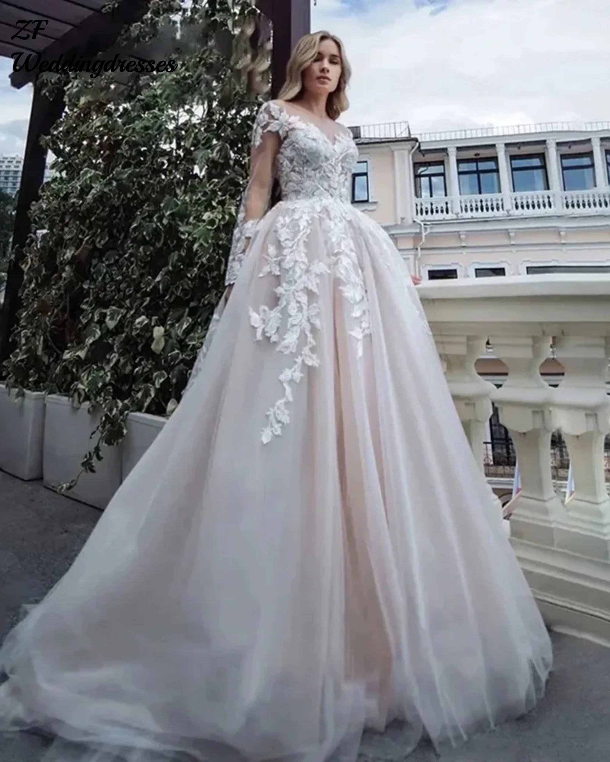 Customized Elegant O-Neck A Line Wedding Dress Long Sleeve Lace Sexy Tulle Bridal Gown Floor Length Marriage Dresses