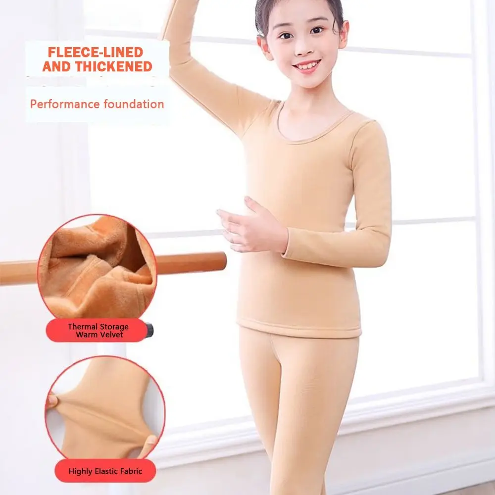 Fashion Winter Kids Thermal Underwear Suits Nude Color Fleece Dance Tights Warm Stretch Leotard
