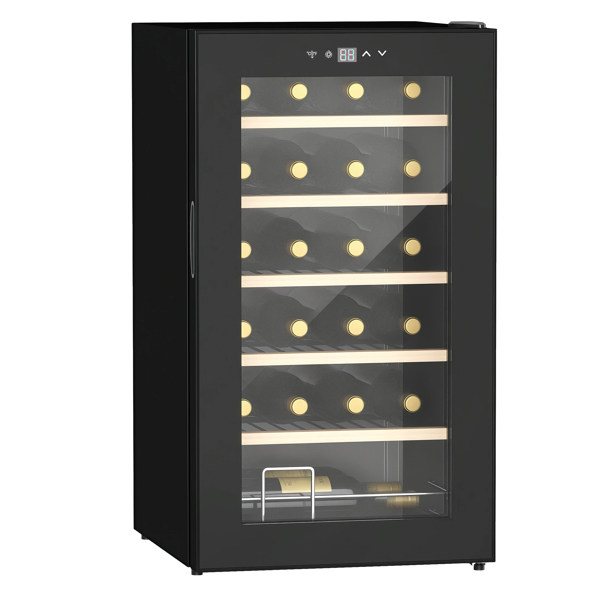 Homcom Weinkühlschrank, 24 Flaschen, 65 l, mit LED-Innenlicht, Touchscreen-Glastür und 5 schwarze Metallböden