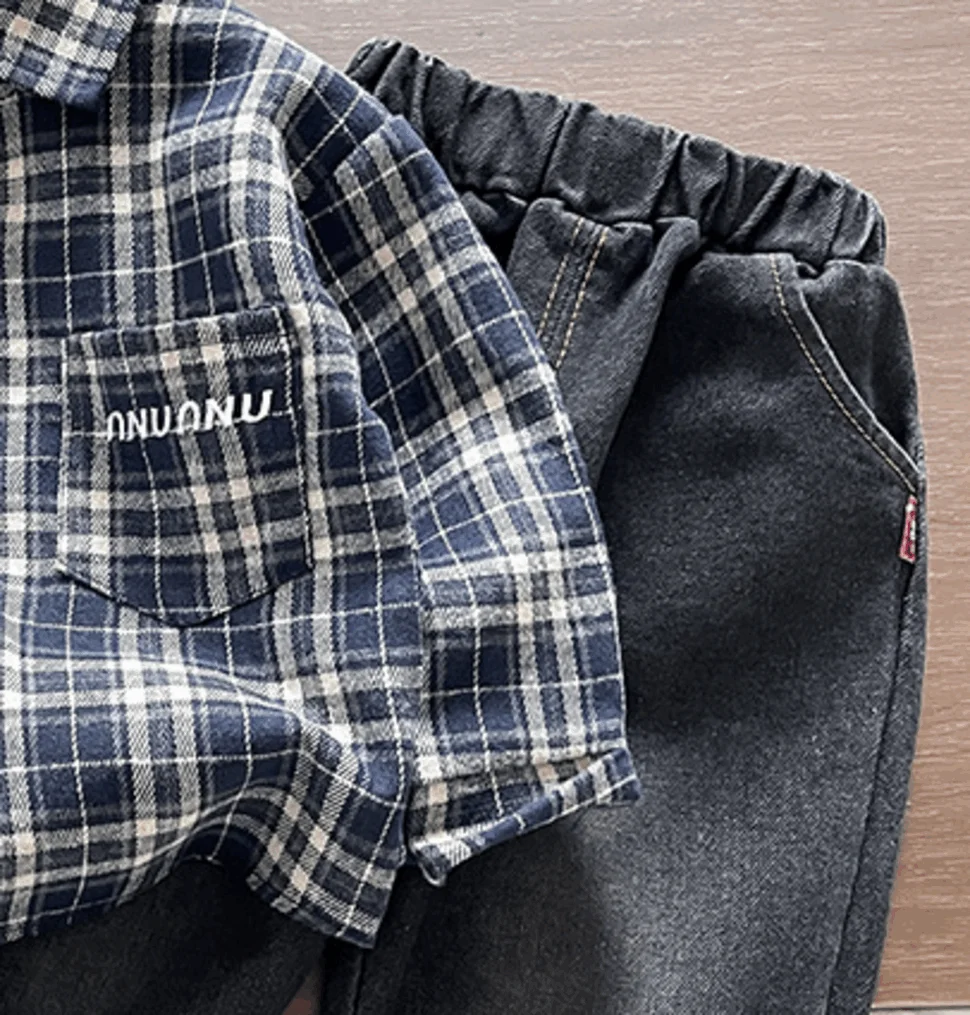 Kinder Jungen Vintage Blau-Weiß Kariertes Hemd + Weite Jeanshose 2-teiliges Set Frühling Herbst Lässige Kinderkleidung – Detail 4