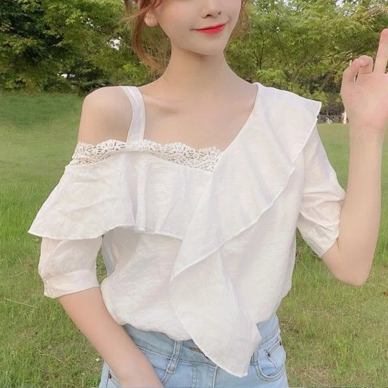 2023 Summer New Women's Clothing Solid Color Oblique Shoulder Hollow Out Ruffles Cotta Tops Women Loose Fashion Chiffon T-shirt